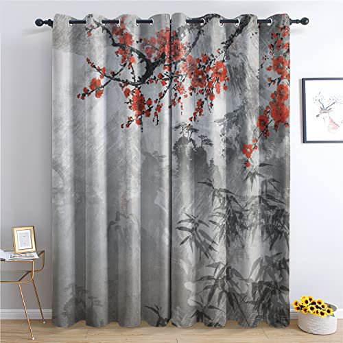 THYUNQ Rideau Occultant, Motif Chinois Japonais - Rideaux Thermiques Imprimé pour Salon Chambre Fenetre, Lot de 2 Rideaux et Draperies Intérieurs à Oeillets, 110x215 cm (L x H)