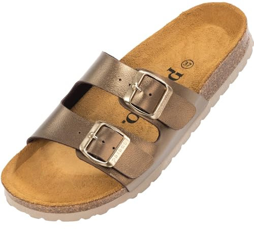 Palado Pantoletten Damen Milos Metallic – elegante Sandalen Made in Spain - bequeme Hausschuhe mit Kork-Fußbett - modische Sommerschuhe bronze UK4,5 - EU37