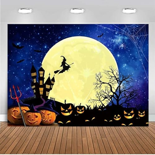CHAIYA 7x5ft Happy Halloween Hintergrund Jack O'Lantern Kürbis Laterne Orange Nacht Mond Fledermaus Spinnennetz Friedhof Zaun Fotografie Hintergrund CY-275
