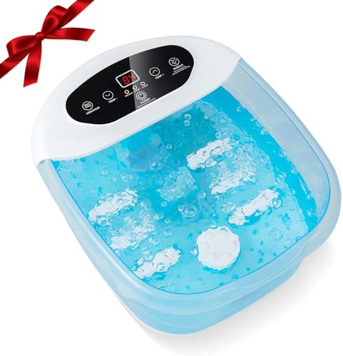 RELAX4LIFE Bain de Pied Massant, Bain Massage Pieds avec Vibration à Bulles, Température Réglable 35-46℃, Pierre de Pédicure, Perles de Massage Amovibles, Arrêt Automatique pour Détendre Pieds (Bleu)