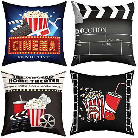 4er Set Kissenbezüge Film Theater Kissenbezüge 40x40cm Kino Poster Direktor Dekokissen für Wohnzimmer Sofakissen Couchkissen Dekor Kissenbezug Umkehrbar Popcorn Vintage Alte Mode Dekor Kissenhülle
