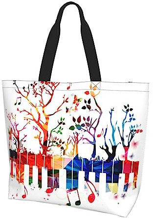 LAMAME Colorful Piano Keyboard Music Note printed shoulder bag leisure tote bag large capacity shopping bag handheld storage bag