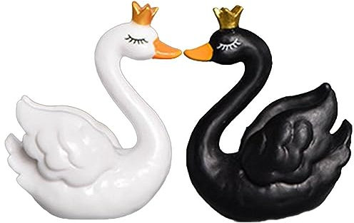Kopida 2 Stück Krone Weißer Schwan Schwarzer Schwan Figur Tier Miniatur Statue Mikro Landschaftsbau Kleine Figur Harz Handwerk Figur Ornament Miniaturen