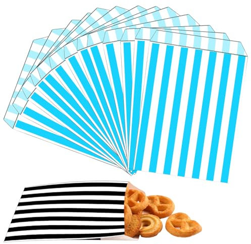100stk Papiertüten Hellblau-Weiß Gestreift Klein Butterbrottüten 13x18cm,Mini Kraftpapiertüten Candy Bar Tüten Geschenktüten Brotpapiertüten Bunt für Kindergeburtstag,Halloween,Weihnachten,Hochzeit