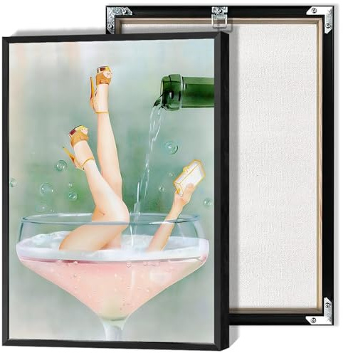 Dcvjiy Trendy Pink Bathroom Decor Posters Vintage Funky Female Champagne Canvas Wall Art Funny Alcohol Drinks Prints Painting Retro Cocktail Room Aesthetic Wall Decor 12x16in Framed