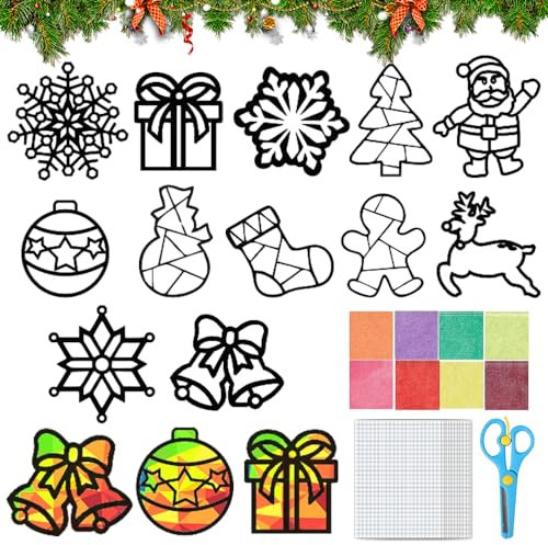 TUIBEIDAMAI Weihnachten Basteln Kinder, 12 Stück Fensterbilder, Sonnenfänger Bastelset, Bastelvorlagen, DIY Bastelset Geschenk
