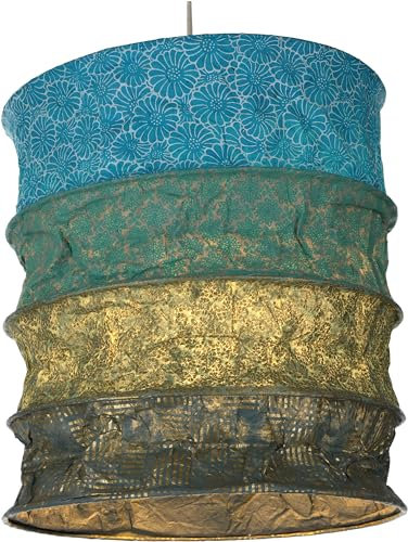 GURU SHOP Runde Boho Papier Hängelampe, Lokta Papierlampenschirm Kailash, Handgeschöpftes Papier - Blau/dunkelgrün, 35x28x28 cm
