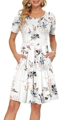 AUSELILY Freizeitkleid Damen Kleider Sommerkleid Kurzarm Plissee Loose Swing mit Knielangen Taschen Weiße Blumen M