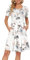 AUSELILY Freizeitkleid Damen Kleider Sommerkleid Kurzarm Plissee Loose Swing mit Knielangen Taschen Weiße Blumen M