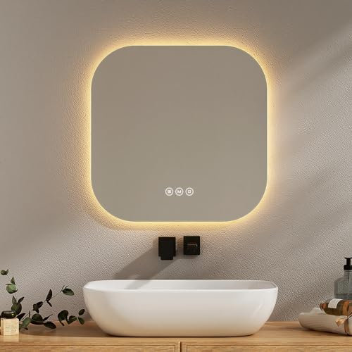 EMKE Badspiegel mit Beleuchtung 50x50cm mit 3 Lichtfarbe Dimmbar, Antibeschlag, Touchschalter, Speicherfunktion, Energiesparend Badezimmerspiegel