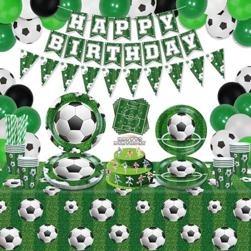 Paquete de 151 suministros de fiesta de fútbol, decoraciones de fiesta de fútbol, decoración de cumpleaños con temática de fútbol, platos de fútbol, globos, pancartas, mantel de pelota, vasos,