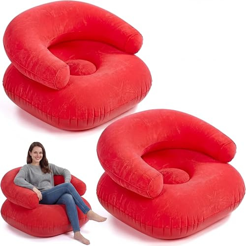 Threehoney Aufblasbarer Liegestuhl, Liegestuhl, faules Sofa, aufblasbar, faltbar, tragbare Couch für Zuhause, Büro, Balkon, Boden-Sitzgelegenheit, Rot, 2 Stück