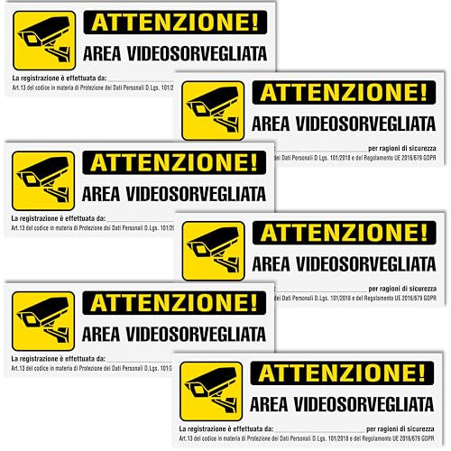6 Adesivi cm 15x5 Videosorveglianza | Cartelli Area Videosorvegliata | Alta Resistenza all'Esterno | 6 Pezzi adesivi