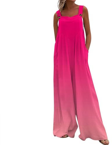 Azruma Damen Kleidung, Strampler Arbeitshose Damen Latzhose Frauen Casual Drucken Ärmelloser Weite Bein Jumpsuit Mit Tasche Hausanzug Damen Baumwolle Arbeitsoverall Damen(1-Hot Pink,XXL)
