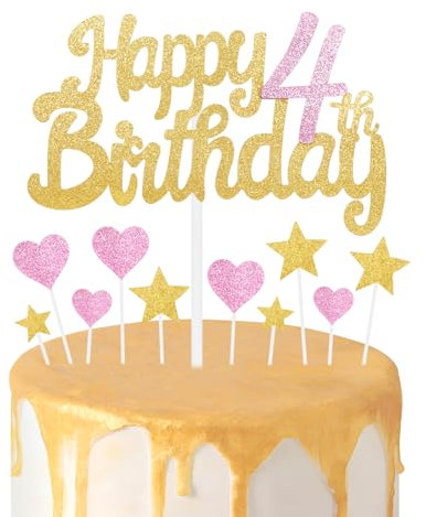 Gold Pink 4th Birthday Cake Topper, Girls 4th Birthday Decorations, Glitter Heart Stars Cake Toppers, Personalised Happy Birthday Cake Cupcake Toppers for Women Girls Baby Birthday Party Supplies