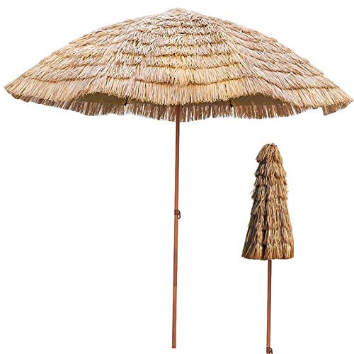Sombrilla Sombrilla Sombrilla de Playa de Paja Impermeable de 8 pies, Sombrilla de Mesa de Patio inclinable Redonda con Poste de Metal, Sombrilla de Paja para Piscina de jardín Exterior