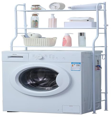 Herzberg HG03282, Ablage 3 Ebenen für Waschmaschine und Badezimmer, Weiß, Einfacher Aufbau, Tragkraft 10 kg pro Ebene, Kohlenstoffstahl, Seitliche Haken, 65x25x122cm.