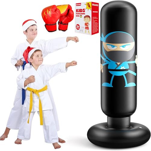 EQARD Sac de Boxe Enfant Ninja Design Gonflable Sac de Frappe avec Gants de Boxe 160cm Sac de Frappe avec Support Rebond Instantané pour S'entraîner au Karaté Taekwondo MMA Cadeaux Noel Enfant (Noir)