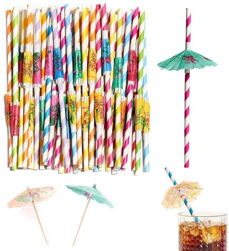 50PCS Cocktail Straws, Tropical Party Supplies Cocktail Umbrella Straws, Colored Long Straw with Umbrella Shape Decorate, Cocktail Tumbler Straws, Used for Drinking (Color Random) 