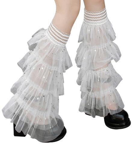 YILEEGOO Women's Flared Leg Warmers Star Sequins Layered Ruffles Knee High Socks Aesthetic Boot Cuffs Club Streetwear (White, One Size)