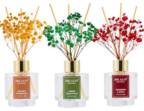 Airkeep Raumduft 50ml x3, Reed Diffuser mit Coconut & Pineapple, Lemon Eucalyptus, Cranberry & Apple, Raum Duft mit 24 Duftstäbchen, Lufterfrischer für Badezimmer, Wohnung, Heimdekoration
