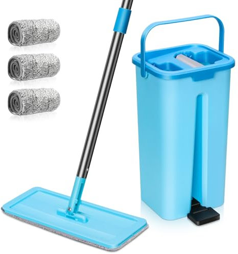 Mop and Bucket, MASTERTOP Flat Mop and Buckets Sets with Foot Pedel & Wringer, Hands Free Lightweight Floor Mops Cleaning System, Send 3 Wet and Dry Microfibre Pads, 19x16x35cm