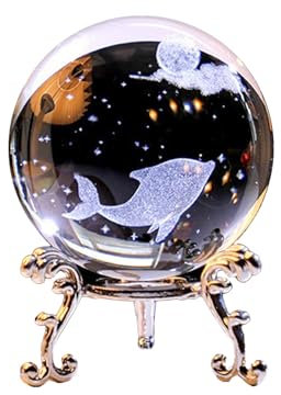 3D-geätzte Kristallkugel mit Ständer, Kristallqualle, Rose, Delfin, Sammlerstück, Glaskugel, Dekorativer Kugel-Briefbeschwerer (Delphin)