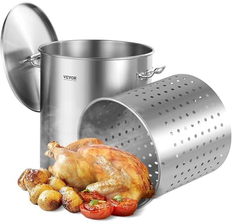 VEVOR Marmite en Acier Inoxydable 60,5 L avec Panier, Couvercle et Poignée, Faitout de Qualité Commerciale, Pot de Cuisson avec Traitement de Ponçage, Marmite Traiteur pour Grands Événements, Argent