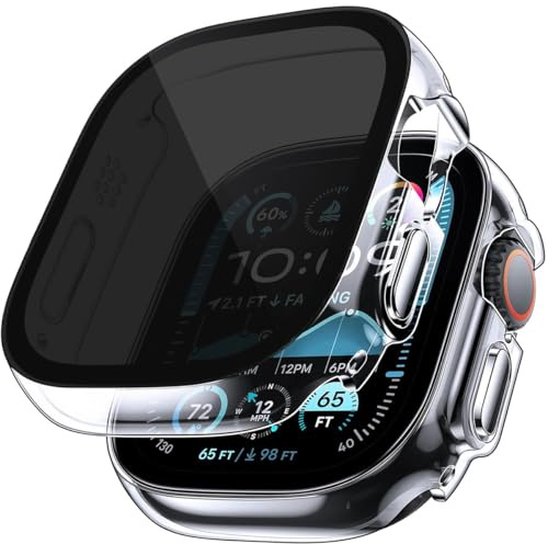 Jurqqer 2 Piezas Protector para Apple Watch Ultra 3/2/1 49mm [30° Antispías] Ultra Delgada PC + Vidrio Templado Funda, Protección Completa,Transparente