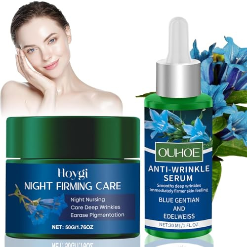 Bio Festigende Nachtpflege Blauer Enzian & Edelweiß, Naturkosmetik Anti Aging Gesichtscreme & Gesichtsserum Set, Straffe Haut, Mindert Tiefe Falten & Reduziert Pigmentflecken, Alle Hauttypen Geeignet