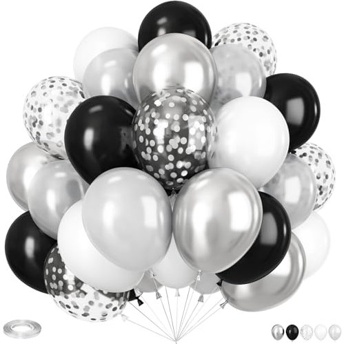 Black and Silver Balloon, 60pcs 12Inch Black and White Balloons,Metal Silver and Confetti Balloon for Birthday Graduation Wedding Engagement Party Decorations