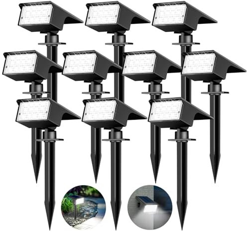 kolpop [10 Stück/ 77 LEDs Gartenleuchten für Außen Garten, 6000K Kaltweiß Solar Strahler, IP65 Wasserdicht, 3 Modi, 800LM Solarleuchten, Dusk to Dawn Solarlampen für Hof Bäume Weg Outdoor Pflanzen