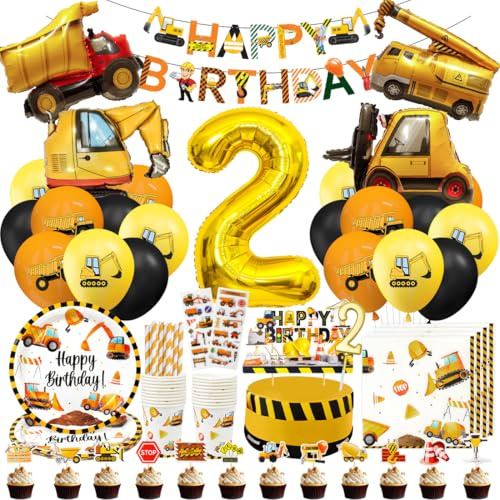 Decoration Anniversaire Chantier 2 Ans, Kit Vaisselle Anniversaire Garçon avec Ballons Excavateur, Bougie 2 Ans, Deco Gâteau, Bannière, Serviette, Assiette, Tasse, Paille en Papier (16 Invités)