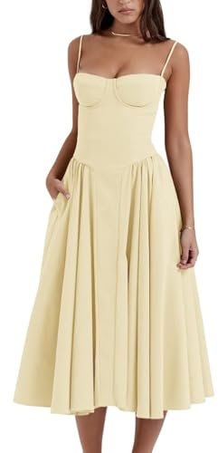 Shuanghao Summer Elegant Sleeveless Long Dresses for Women UK Ladies Vintage Yellow A Line Midi Swing Dress Women's Corset Spaghetti Straps Square Neck Solid Bohemian Beach Sundress with Pockets XL