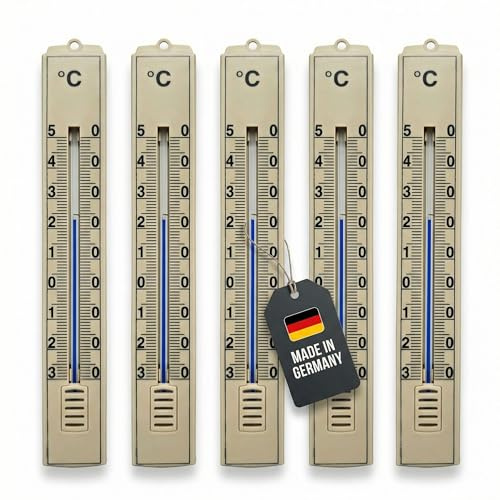 Lantelme 5er Set Außenthermometer Analog Temperaturanzeige -30°C bis 50°C | wetterfestes Thermometer in Beige Kunststoff | Außen Innen Terrasse Balkon Garten | Gartenthermometer deutsche Herstellung
