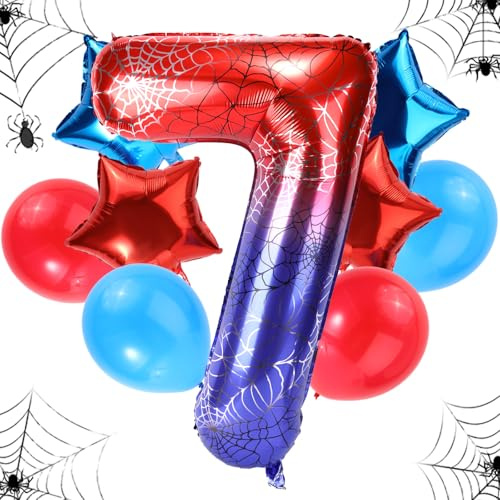 Geburtstagsballon-Set Spinnen, 120cm Großes Riesiges Folienspinnennetz & 4stk Stern- & 4stk Runde Rot-Blaue Ballons Dekorationen Gastgeschenke für Geburtstags-Cartoon-Mottopartys(Zahl 7)