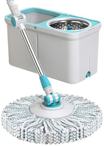 Juego de fregona giratoria y cubo, fregona plana de microfibra de 360° con escurridor automático para suelos duros, azulejos y madera