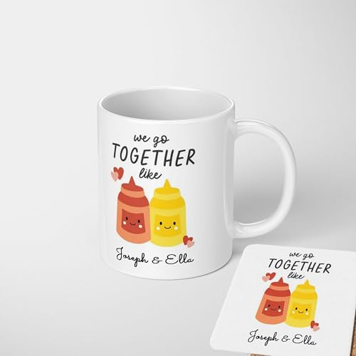 We Go Together Like Ketchup and Mustard Mug – Funny Cheeky Personalized Coffee Cup – Custom Two Names, Couple Gift – Rude Adult Humour Gift – Novelty Tea Mug for Couples