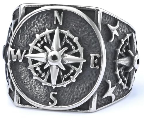 fycouyee Mode Persönlichkeit Vintage Nordisch Wikinger Nautisches Kreuz Kompass Herren Edelstahl Ring