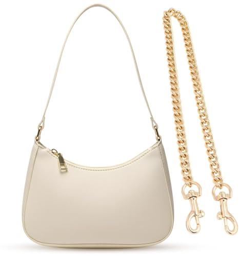 PjuQow Modische weiße PU-Leder-Umhängetasche – Clutch mit Kette und Reißverschluss, kleine Schultertasche für Damen, ideal für Alltag und Abendveranstaltungen
