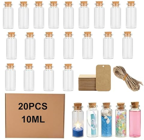 GAYSHI Lot de 20 mini bouteilles en verre avec bouchons en liège + étiquettes + ficelle, Petits tubes en verre transparent à remplir pour le bricolage, cadeau, mariage, décoration de fête
