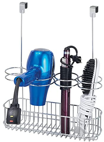 mDesign Hair Dryer Holder Stand - Extra Large Hair Dryer Storage Unit with Multiple Storage Slots - Over Door Hanging Basket and Stand - Chrome