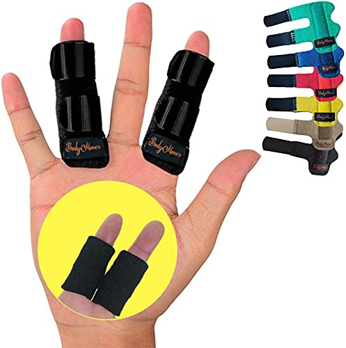 BodyMoves 2 Finger splints plus 2 nylon sleeves for trigger finger mallet finger broken finger rheumatoid arthritis post operative care (midnight black)