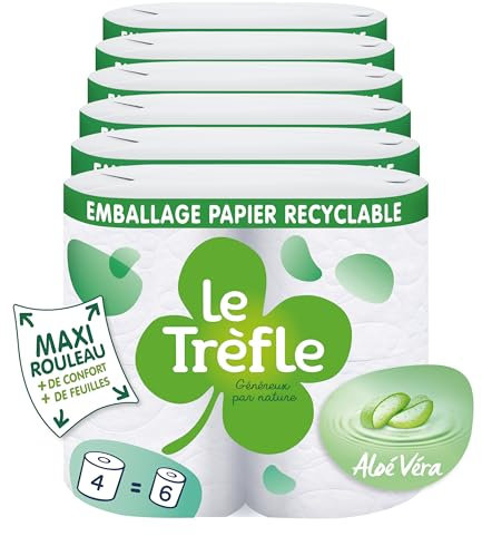 Le Trèfle Aloé Véra - Papier toilette - 24 maxi rouleaux = 36 rouleaux classiques – Moelleux triple épaisseur – Lotion Aloé Véra