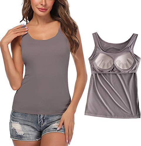 STARBILD Damen BH Hemd mit Cups Unterhemd Basic U-Ausschnitt Eingebauter BH Bügelloser Gepolstert Tank Tops, Grau M