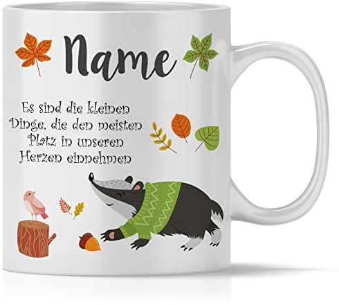 OWLBOOK® Personalisierte Tasse für Kinder Personalisiert Herbst Dachs Kinder Tasse Geschenke Geschenkideen für Kinder Junge Mädchen zum Geburtstag Schulanfang Kindertasse Keramik 300 ml