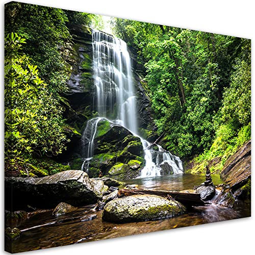 Feeby Wandbilder 30x20 cm Kaskade Natur Wasserfall 1 tlg Modern Vlies Leinwandbilder Bilder Kunstdruck Wanddeko Design Wohnzimmer Schlafzimmer Büro Wasser Felsbrocken Wald Grün