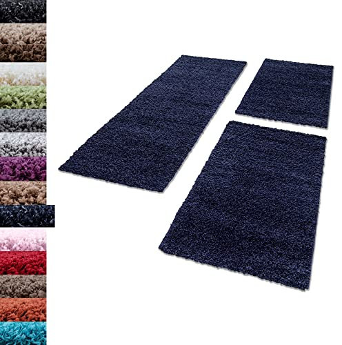 Carpettex Bettumrandung Schlafzimmer 3teilig Shaggy Teppich Hochflor Einfarbig Marineblau Bettset:2 mal 100x200 + 1 mal 80x250 - Bettvorleger Schlafzimmer Läuferset Flauschiger Bettumrandung Teppich