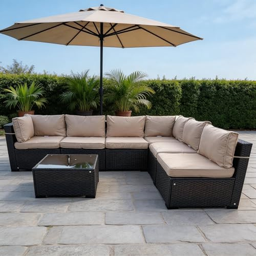 AZRBOPO 7 Piece Rattan Garden Furniture Set, 6 Seater Corner Sofa Outdoor Patio Wicker Corner Sofa Set with Coffee Table-Dark Brown
