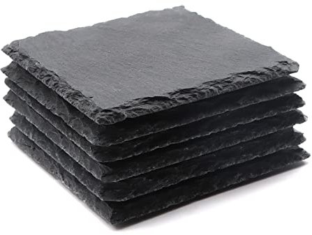 VIBRATITE 6 Stück Schiefer Untersetzer, 10,2 cm Schwarzer Schieferstein Getränkeuntersetzer Glasuntersetzer mit Anti-Kratz-Boden für Lasergravierte, Kaffee, Bar, Küche, Heimdekoration, Quadratisch